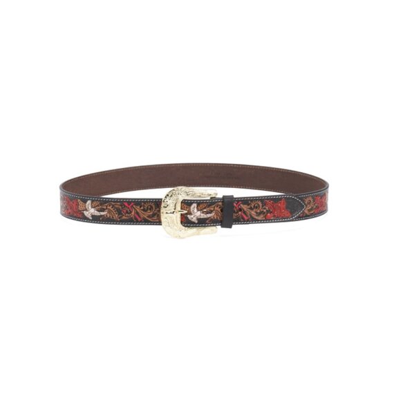 AMERICAN BISON Red Leather Floral Tooled Belt - Picture 1 of 1